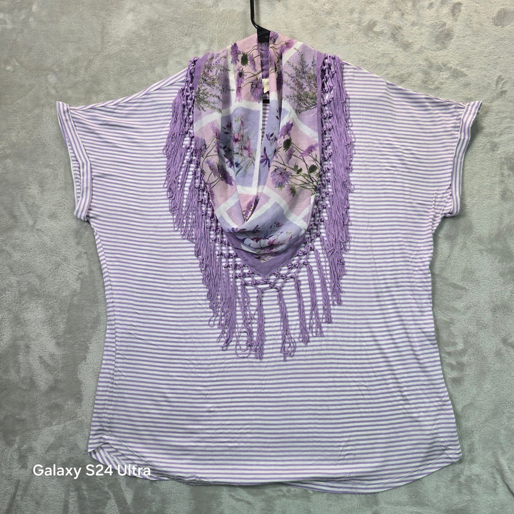 Cactus + Pearl Purple Striped Short Sleeve Top with Fringe Floral Scarf XL